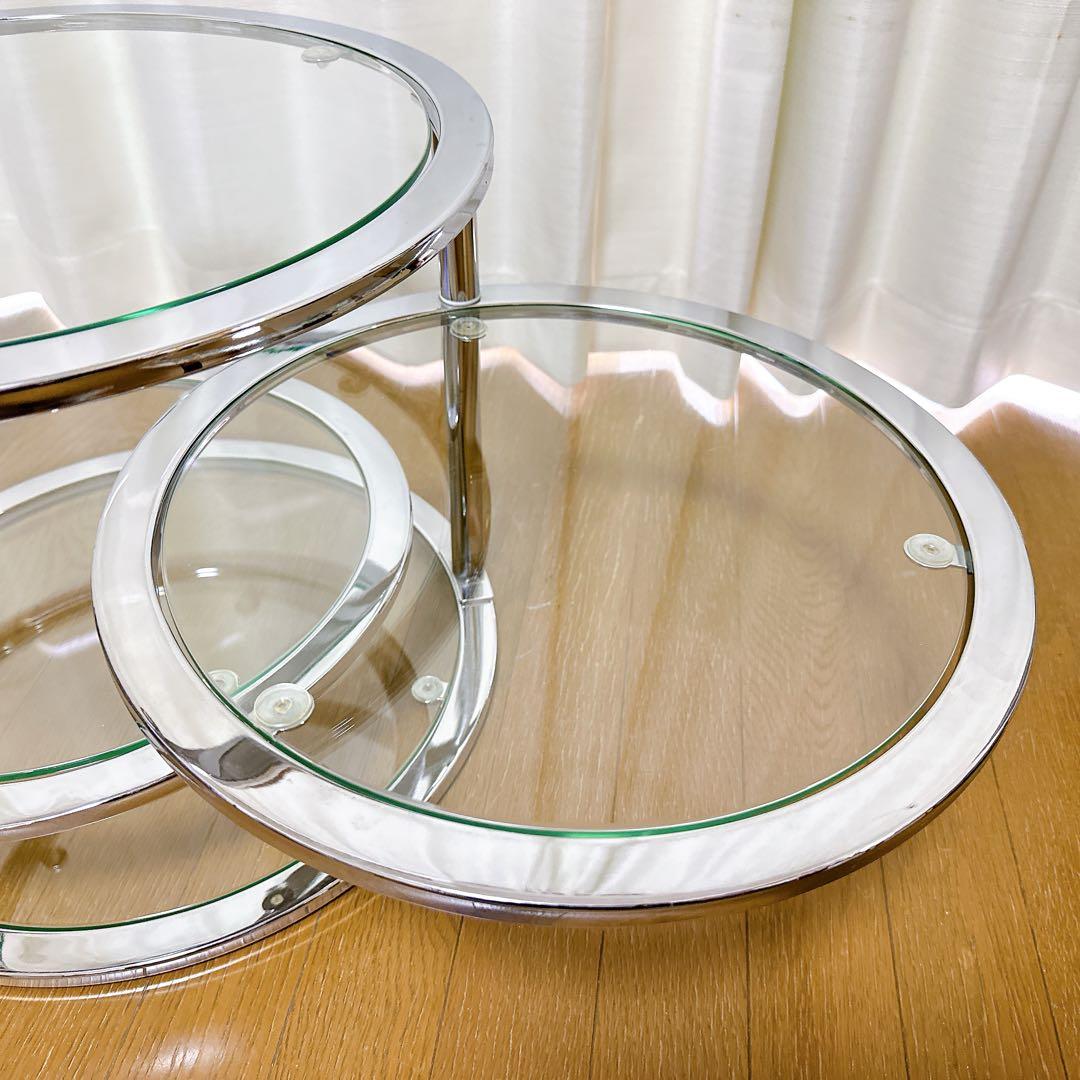 ミッドセンチュリー ラウンドテーブル 可変式 4段 強化ガラス