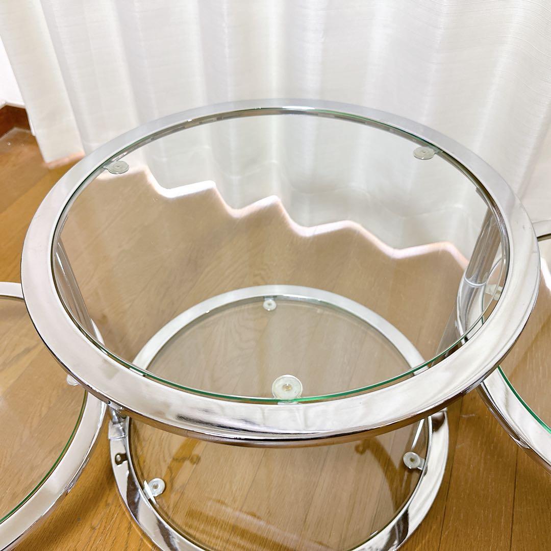 ミッドセンチュリー ラウンドテーブル 可変式 4段 強化ガラス