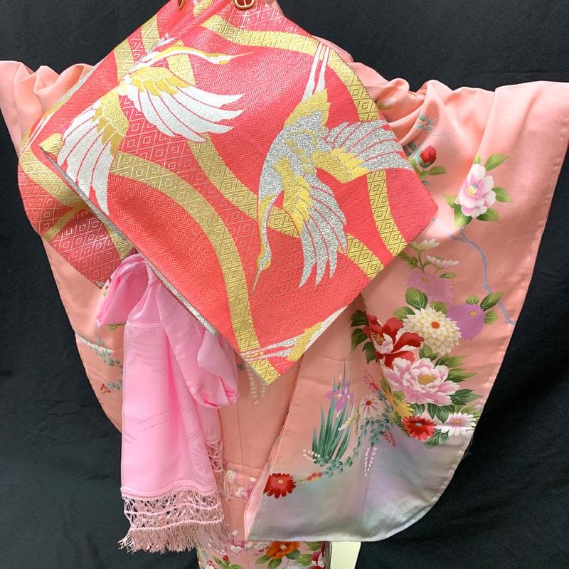 505ag3,小物類□七五三 七歳 女児 着物(未使用)&袋帯&長襦袢 藤 花文