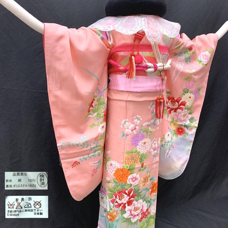 505ag3,小物類□七五三 七歳 女児 着物(未使用)&袋帯&長襦袢 藤 花文