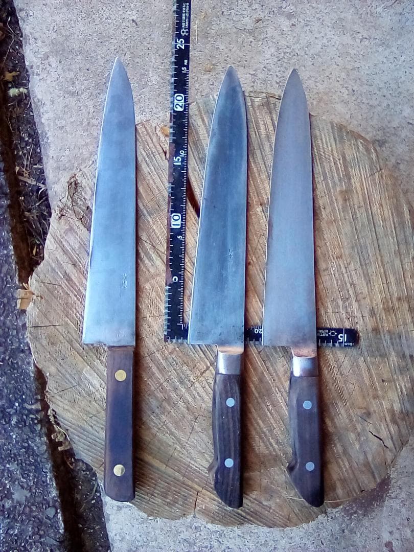 中古包丁　牛刀3本　堺菊守　源助久　和秀作