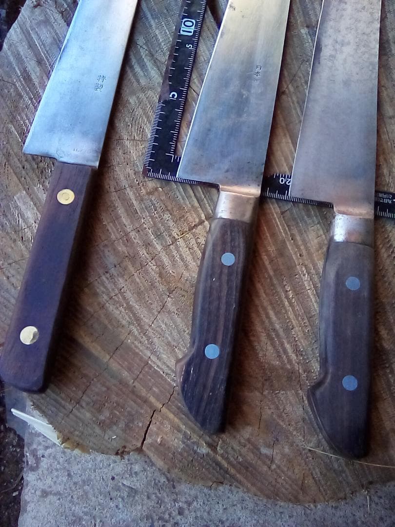中古包丁　牛刀3本　堺菊守　源助久　和秀作