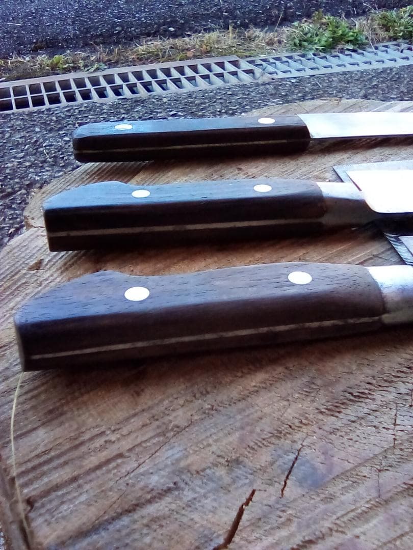 中古包丁　牛刀3本　堺菊守　源助久　和秀作