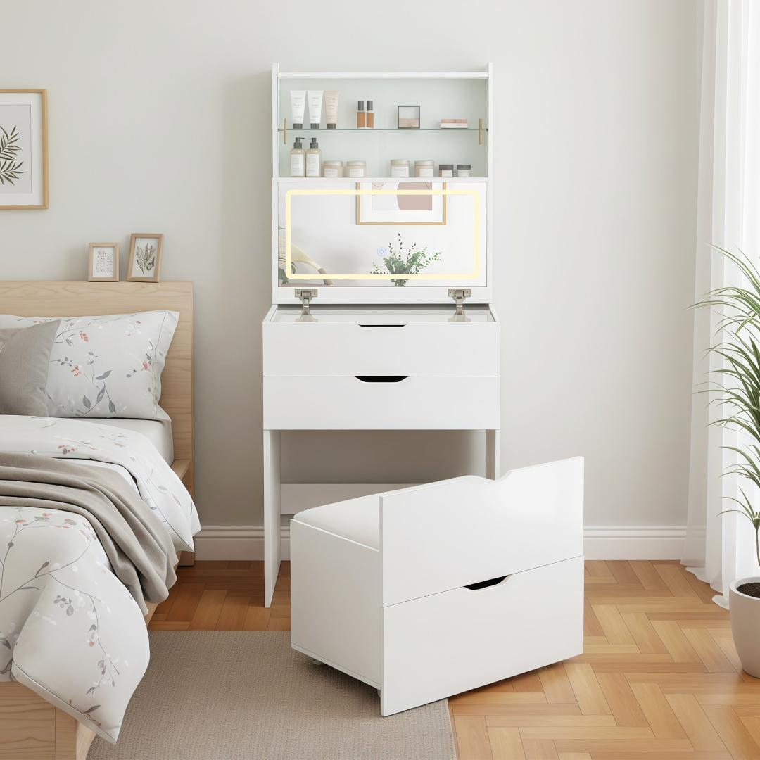 ドレッサー 2WAY天板 無段階調節LED女優ミラー 3色 ガラス扉キャビネット