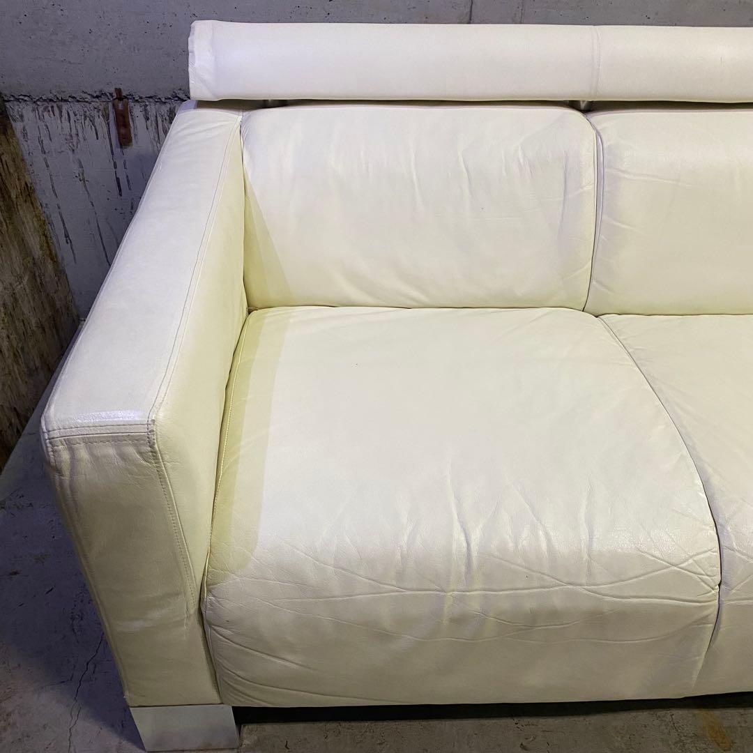 イタリア製　本革　ホワイトレザー 3人掛けソファ　モダン　ミッドセンチュリー