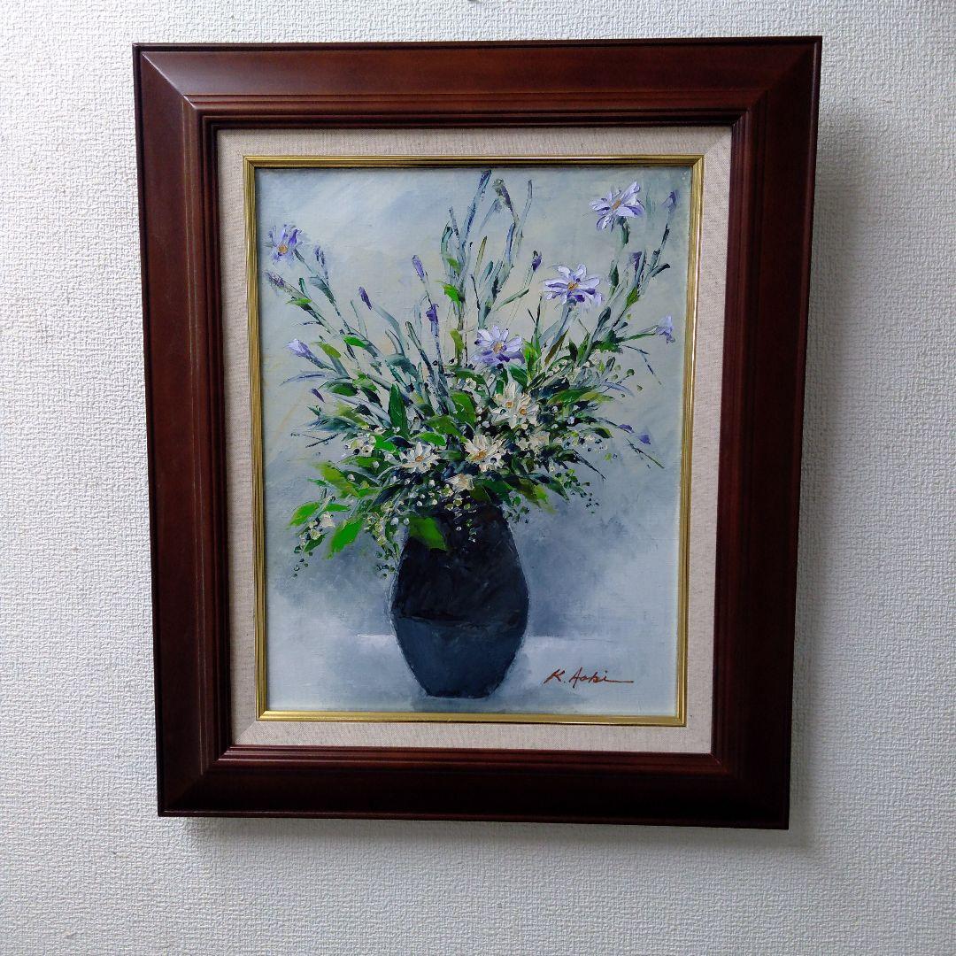 肉質油絵横F6 花と花瓶青木今陽額装仕上げ品