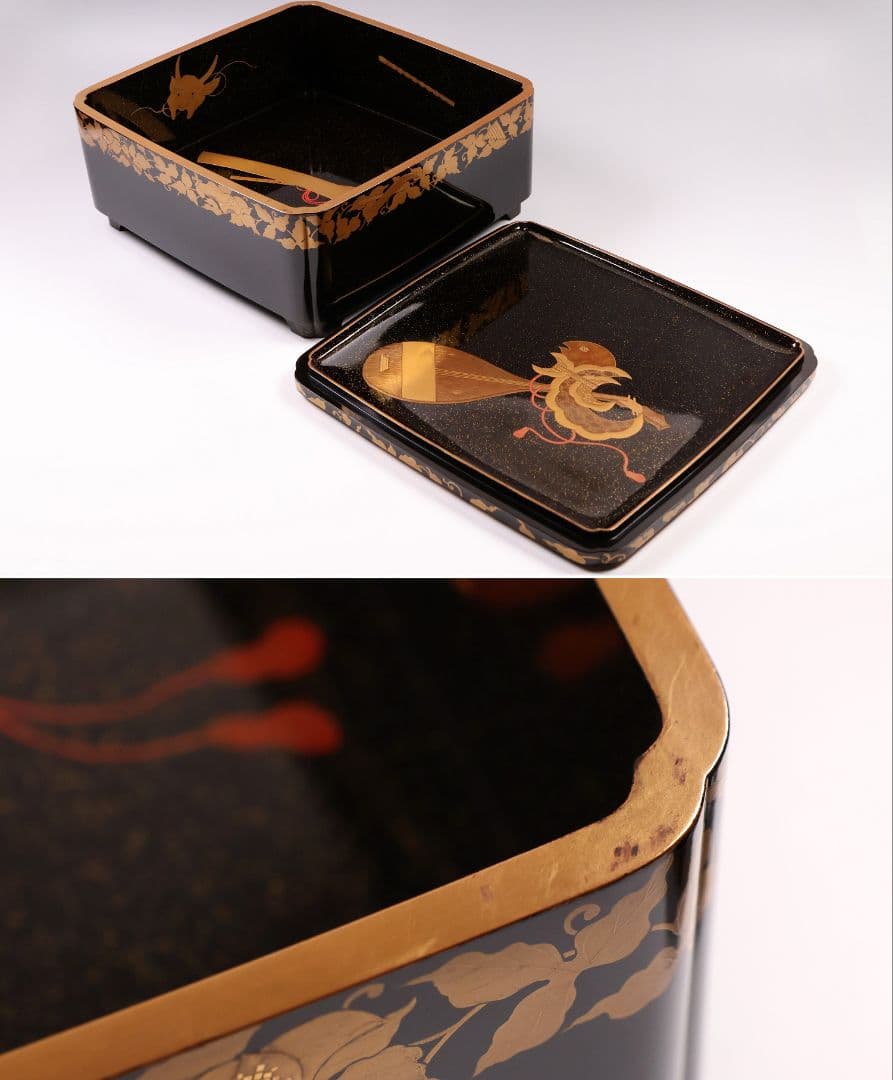 MA698】加賀蒔絵 饅羹重 楼閣山水楽器唐草 金蒔絵 木製 饅頭箱 菓子器