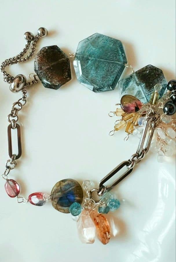 モスアクアマリンブレスレット　天然石ブレスレット　ラブラドライト　トルマリン