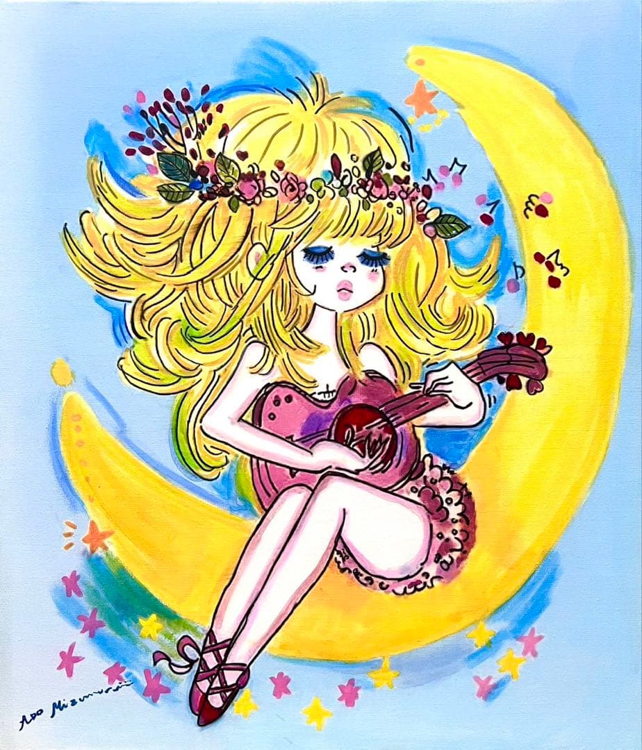 F10】水森亜土（月に可愛い女の子）肉筆品/表裏サイン有り/手描き/油絵