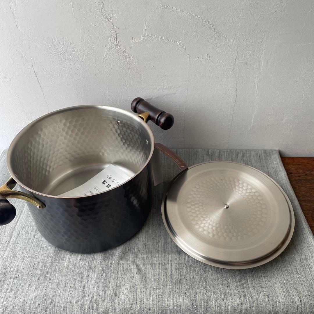 新光金属　COPPER100 銅製 両手鍋 木製ハンドル 槌目　ダークブラウン