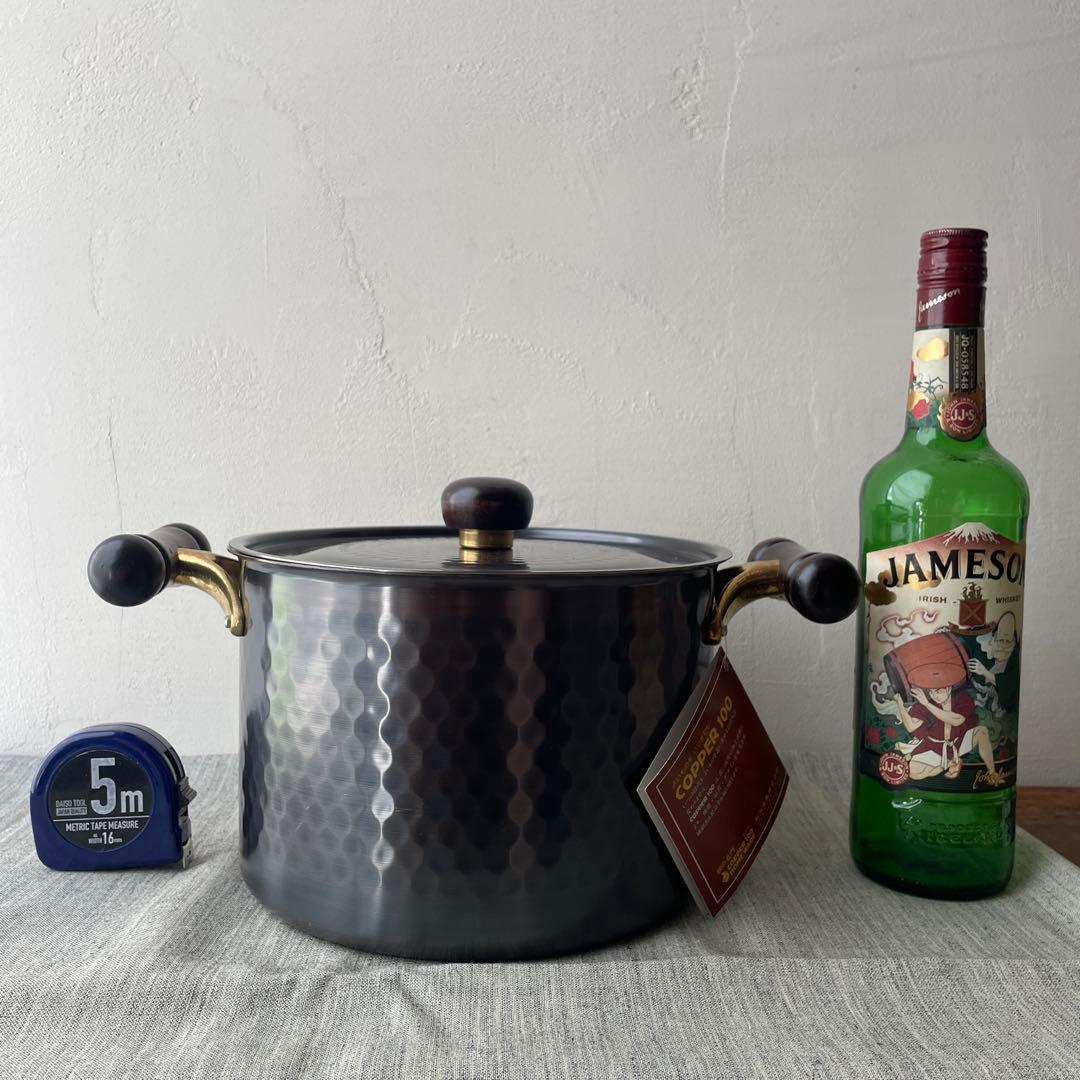 新光金属　COPPER100 銅製 両手鍋 木製ハンドル 槌目　ダークブラウン