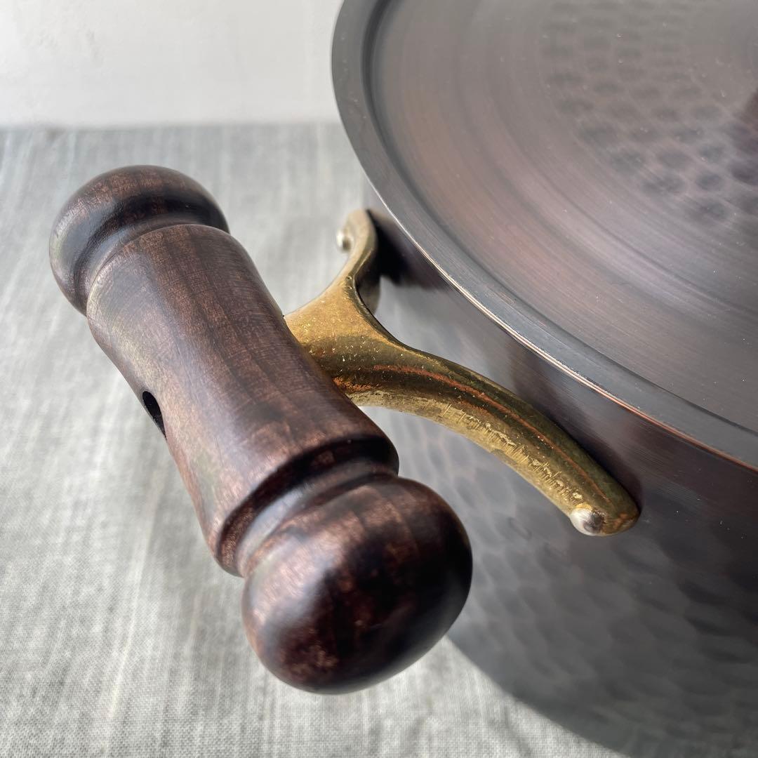 新光金属　COPPER100 銅製 両手鍋 木製ハンドル 槌目　ダークブラウン