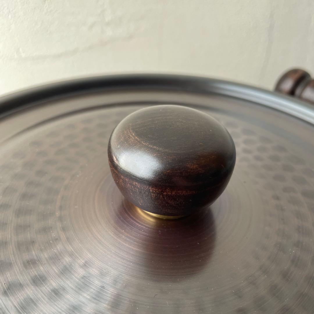 新光金属　COPPER100 銅製 両手鍋 木製ハンドル 槌目　ダークブラウン