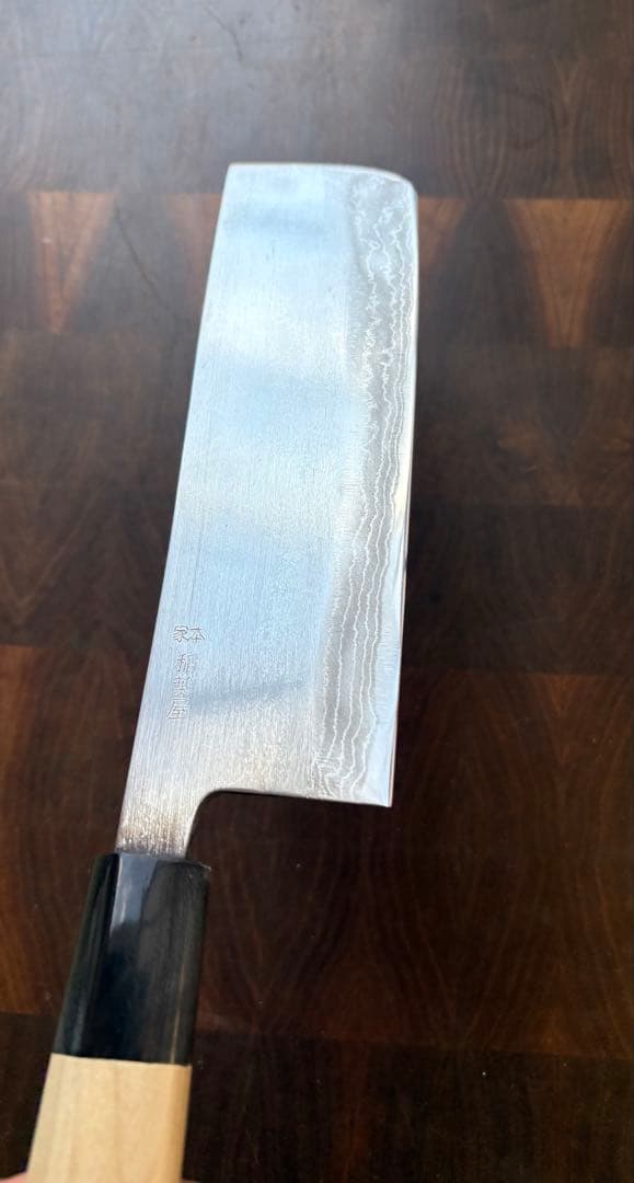 本家　稲葉屋　ダマスカス　墨流し　菜切　165mm 包丁　和包丁　白鋼　水牛朴柄