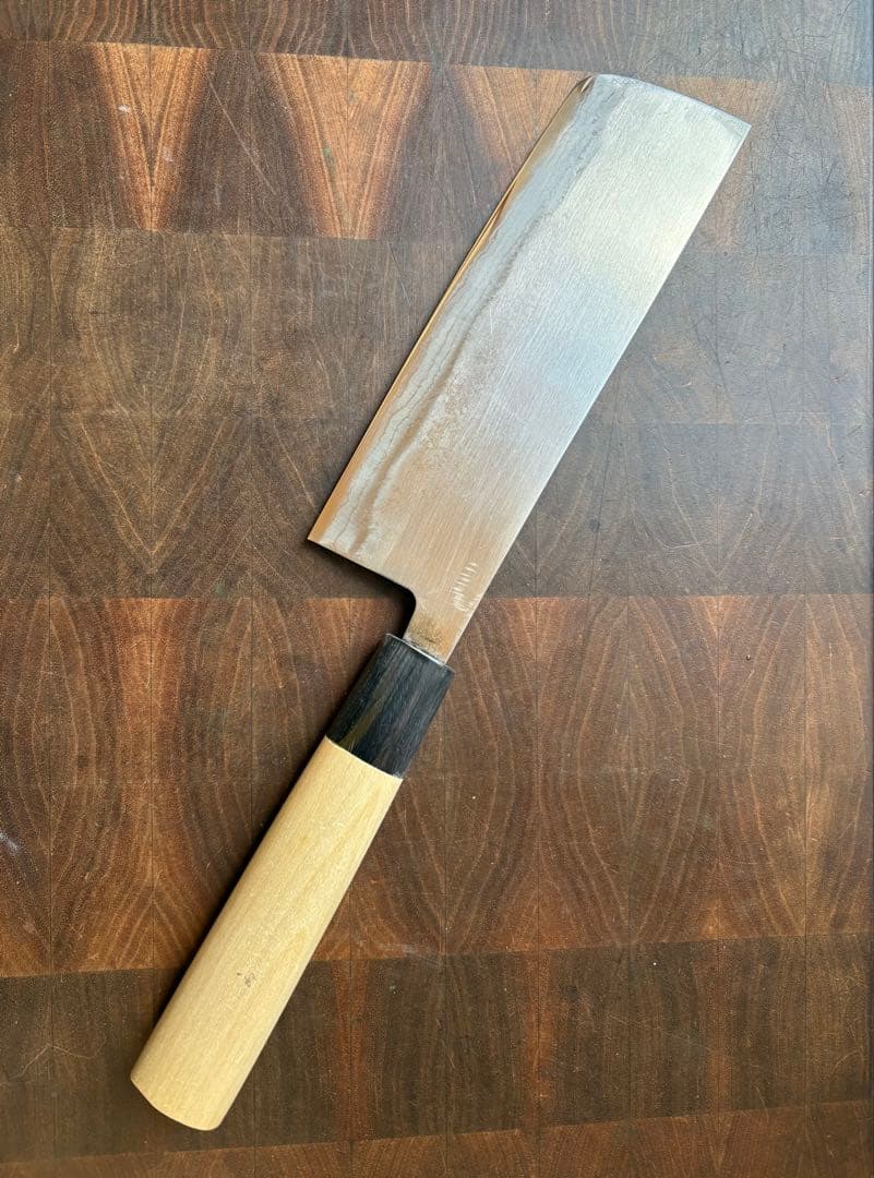 本家　稲葉屋　ダマスカス　墨流し　菜切　165mm 包丁　和包丁　白鋼　水牛朴柄