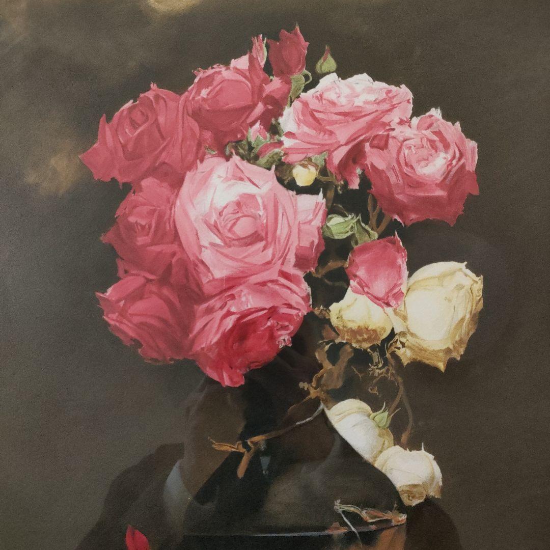 斎藤三郎　大判リトグラフ『薔薇』直筆サイン入、ウコン布&共箱付