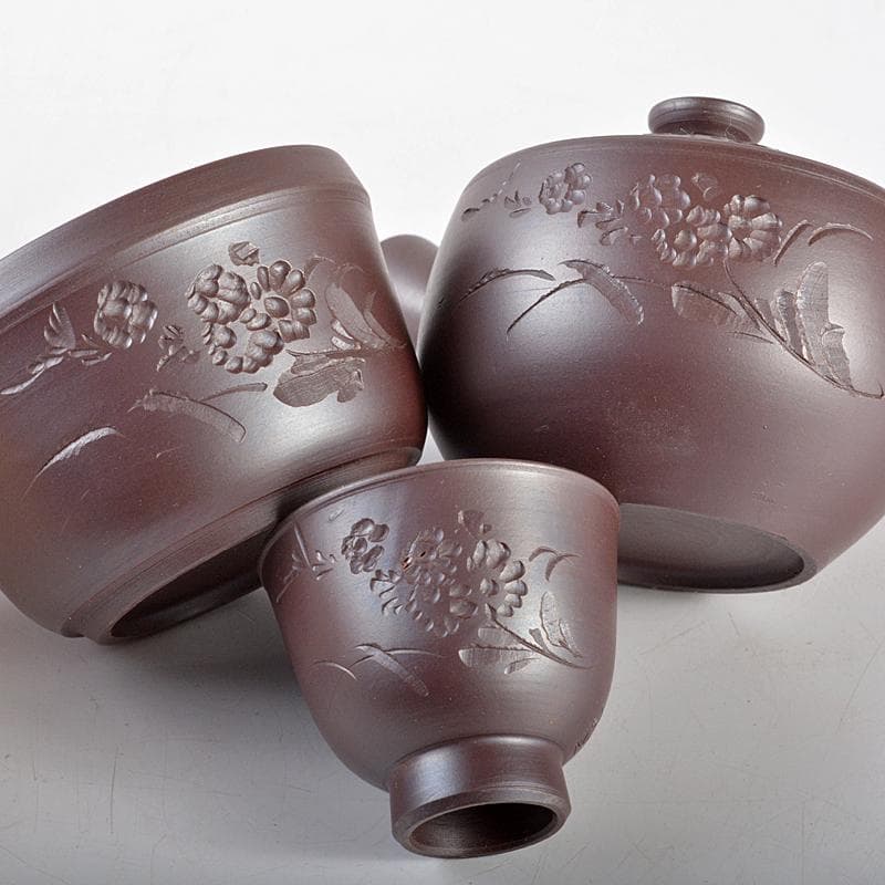 煎茶道具　萬古焼　春峰造　花文　玉露揃　小さな茶器揃　共箱　M　R5313