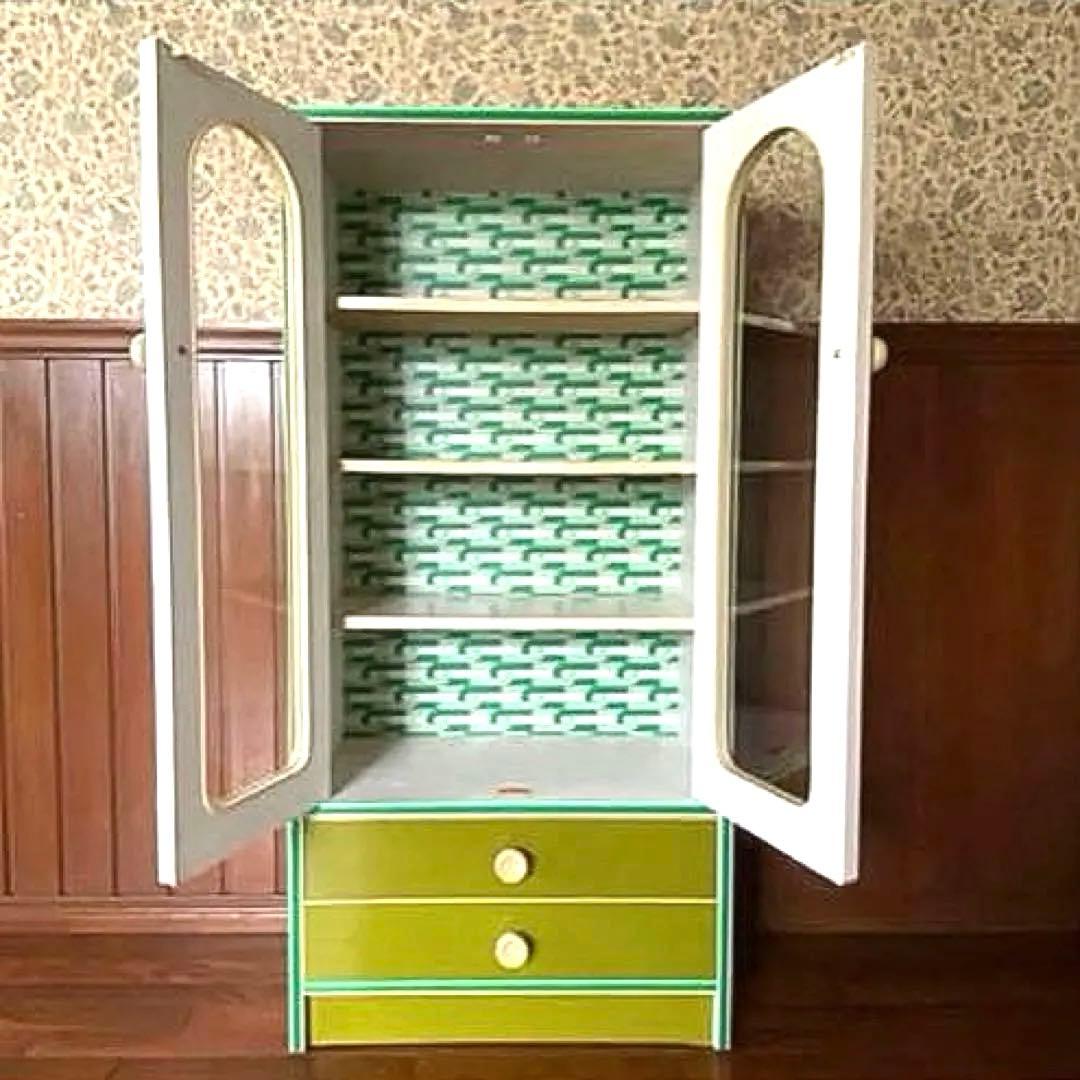 昭和レトロポップ　食器棚　飾り棚　本棚　アーチ窓　アンティーク　グリーン　緑