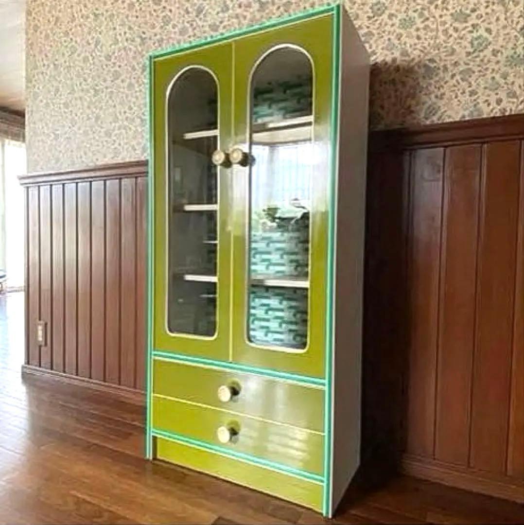 昭和レトロポップ　食器棚　飾り棚　本棚　アーチ窓　アンティーク　グリーン　緑