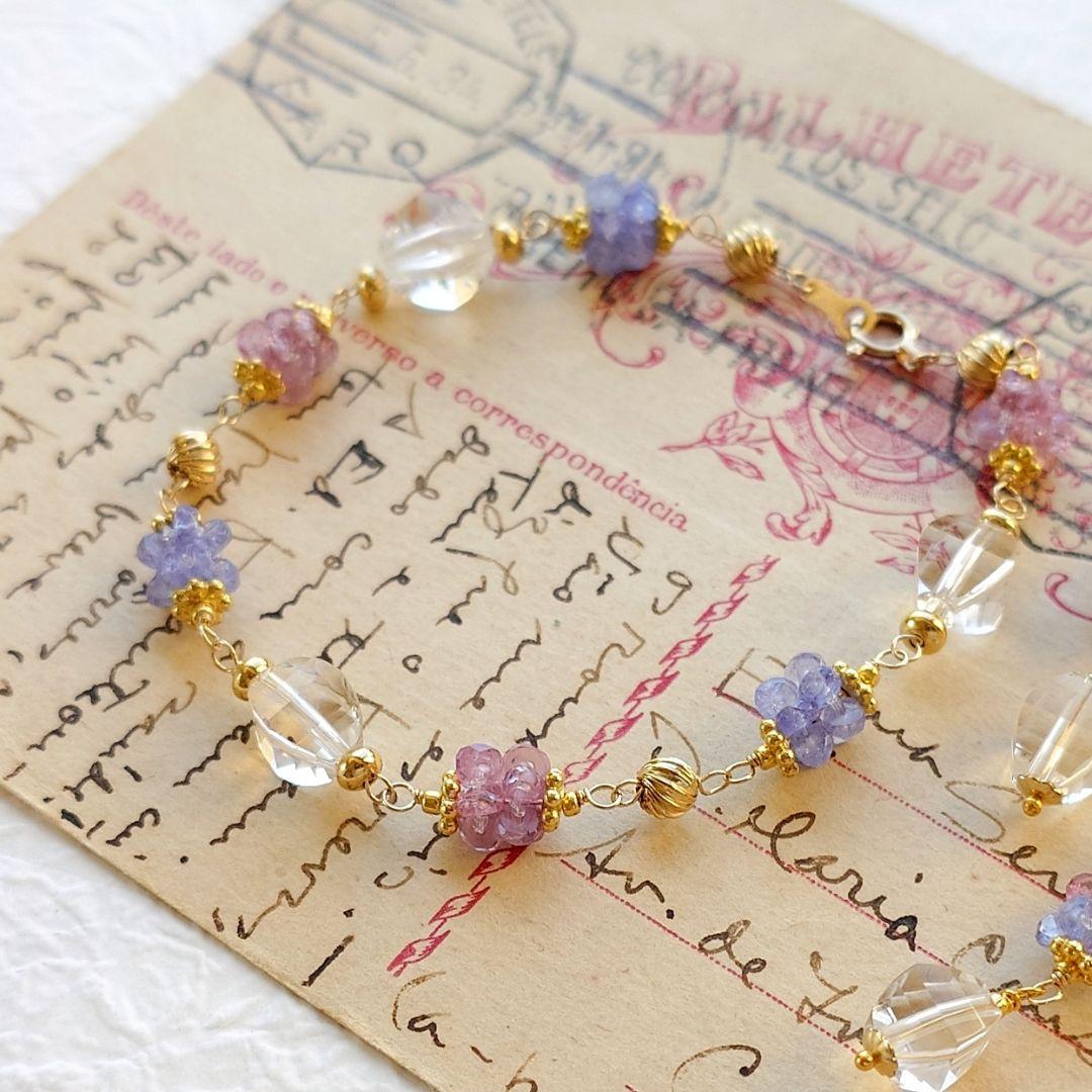 K10YG ピンクサファイア × タンザナイト のピアス＆ブレスレットセット