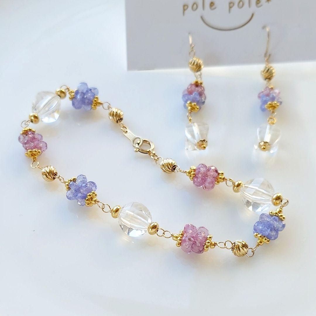 K10YG ピンクサファイア × タンザナイト のピアス＆ブレスレットセット