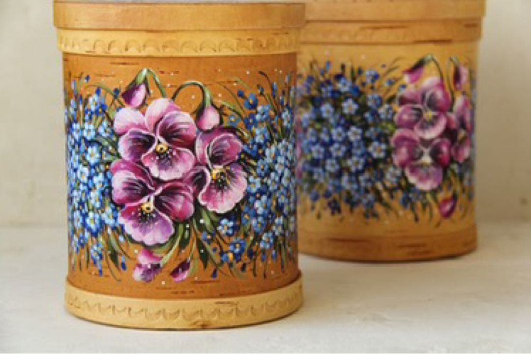 ロシア雑貨☆白樺工芸ベレスタ『パンジーと勿忘草』キャニスター2個