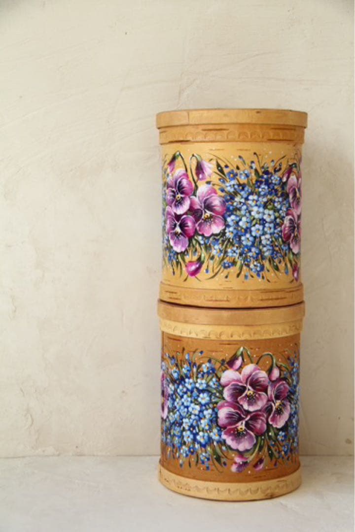 ロシア雑貨☆白樺工芸ベレスタ『パンジーと勿忘草』キャニスター2個