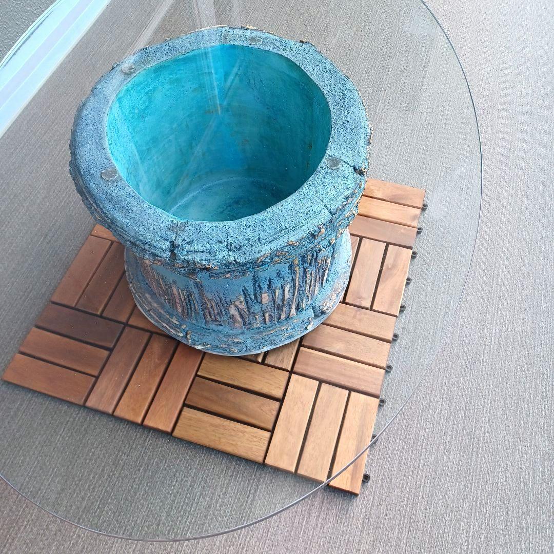 【特注品】《自宅引取限定》楕円形ガラステーブル天板・陶器製鉢土台