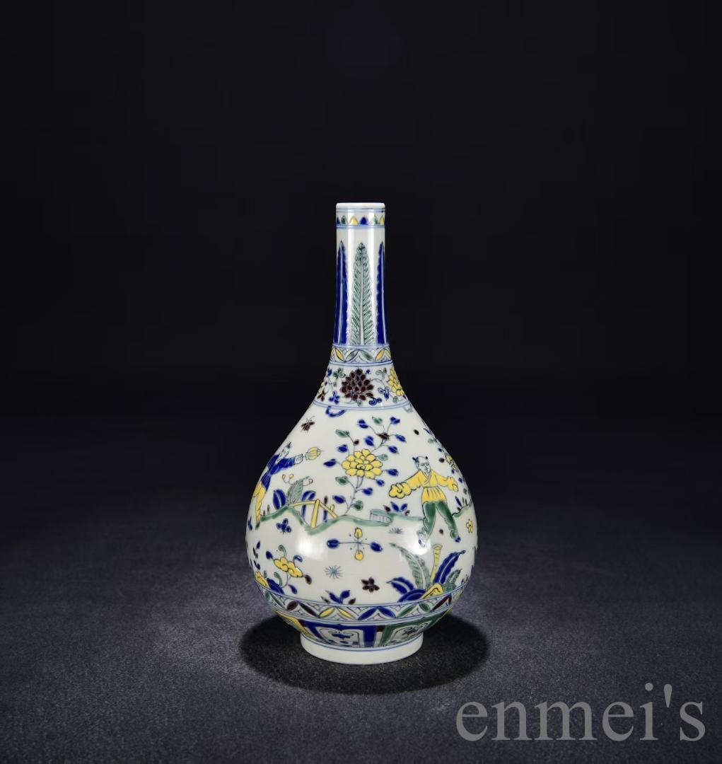 中国古美術・珍品・大明成化紋・闘彩嬰戯図胆瓶・花瓶・唐物・古陶磁器・古玩・古賞物