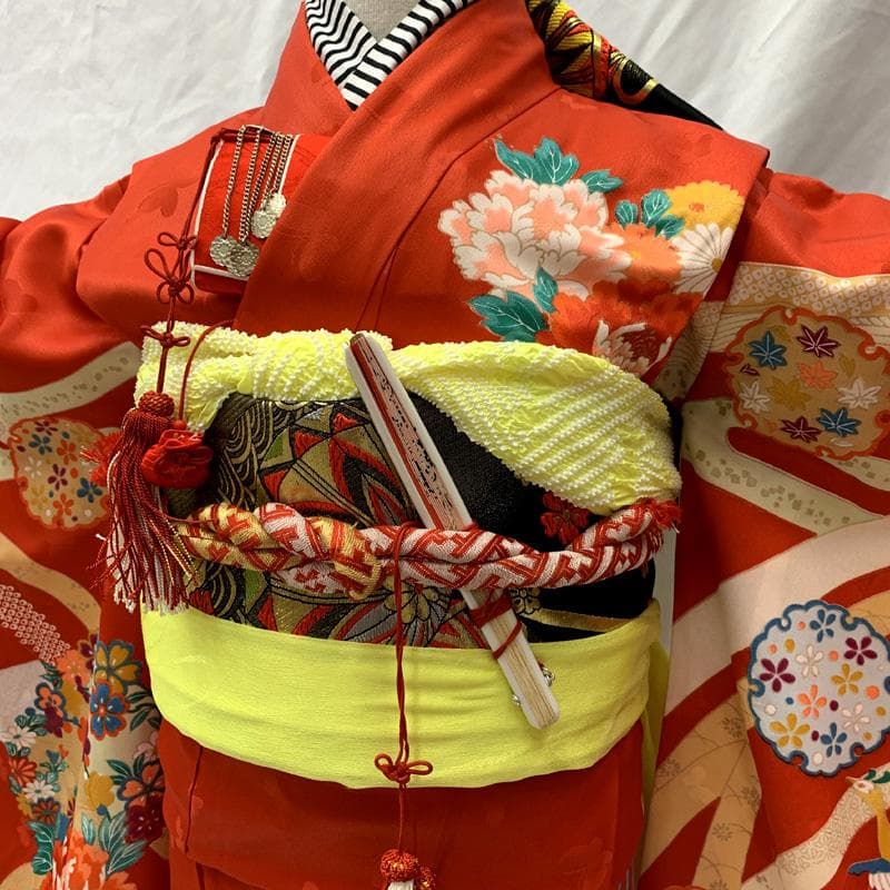 508ag94□七五三 七歳 女児 着物&袋帯 金彩 鳳凰 鼓 赤□状態良好