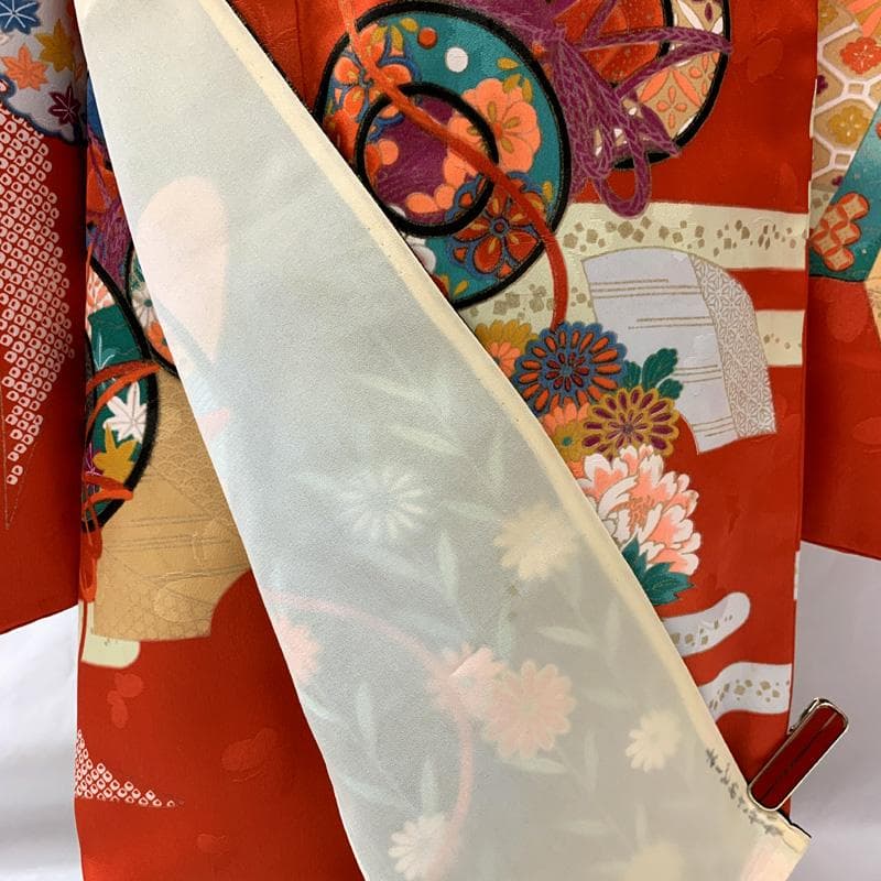 508ag94□七五三 七歳 女児 着物&袋帯 金彩 鳳凰 鼓 赤□状態良好