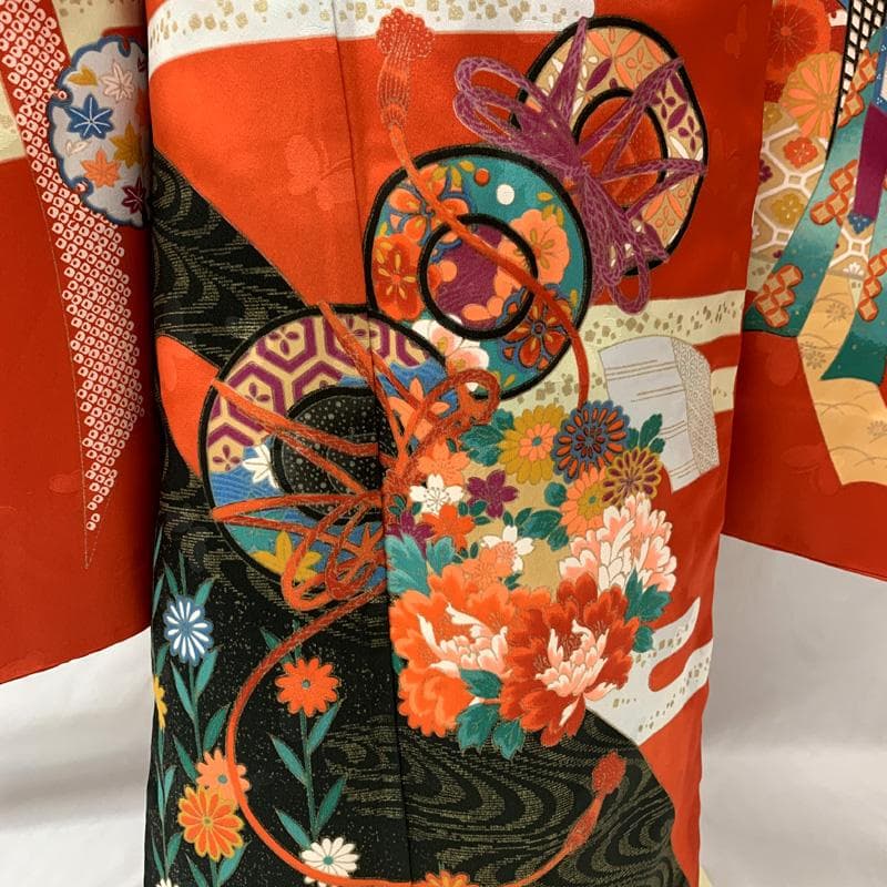 508ag94□七五三 七歳 女児 着物&袋帯 金彩 鳳凰 鼓 赤□状態良好