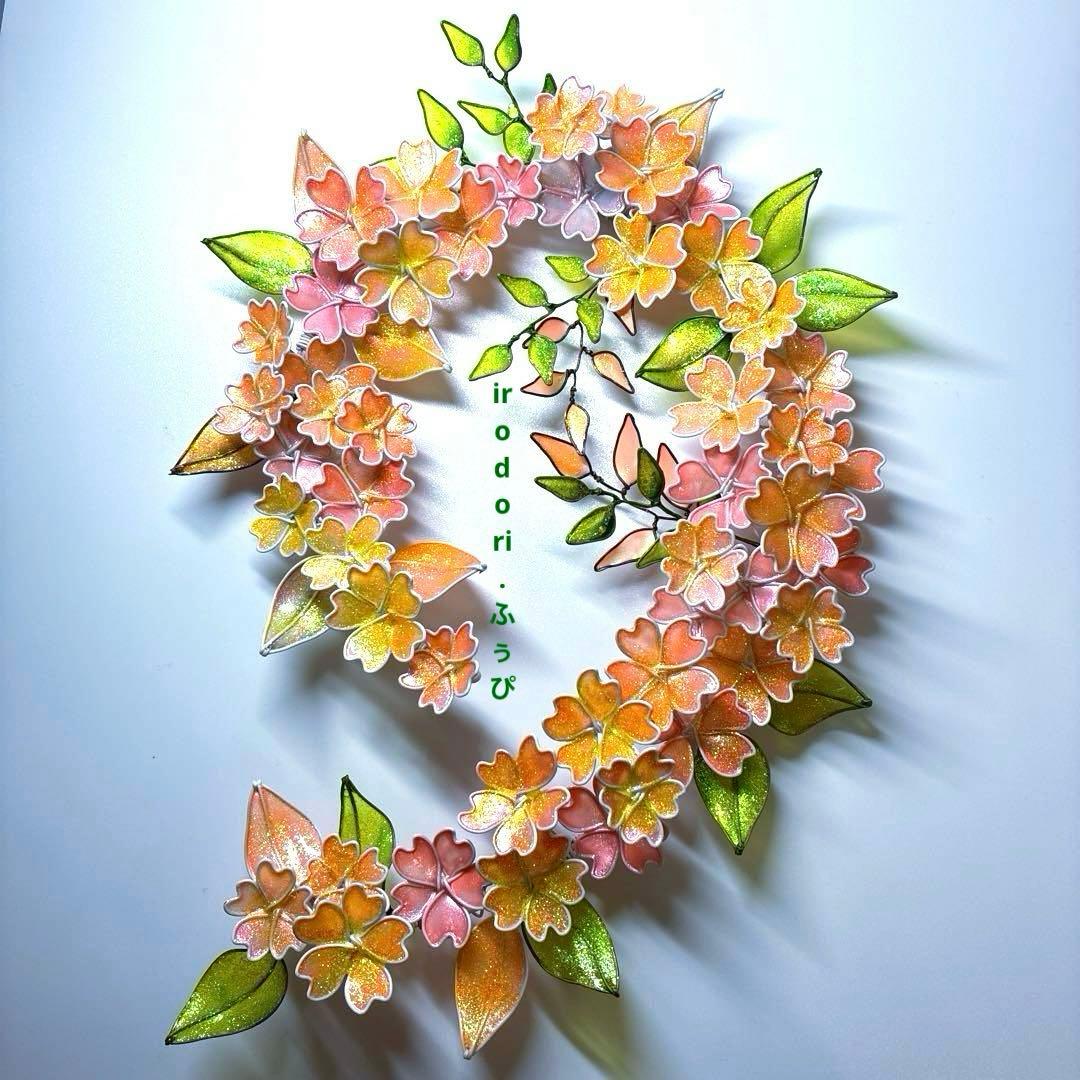 キラキラシュガーパウダー満開桜リース　山桜　ワイヤークラフト　ディップアート