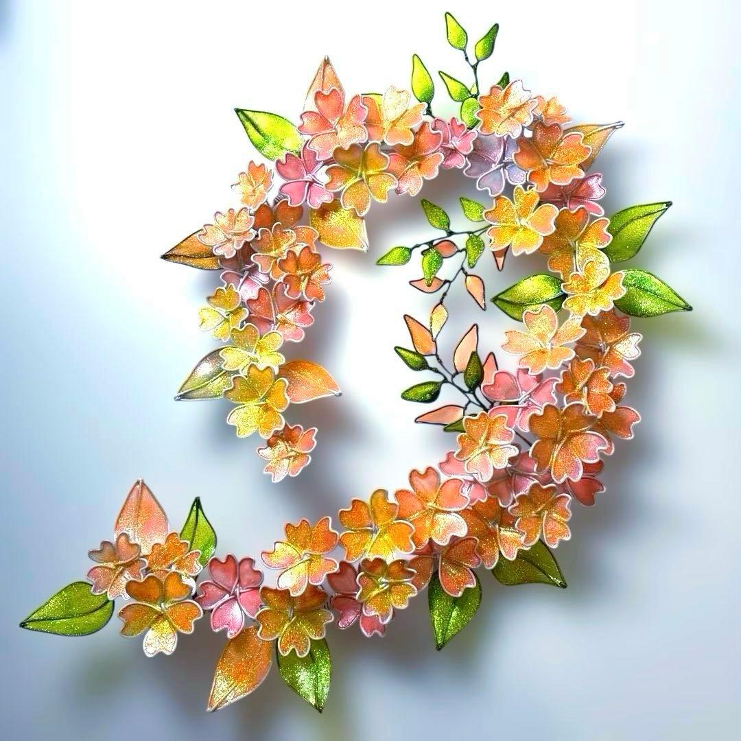 キラキラシュガーパウダー満開桜リース　山桜　ワイヤークラフト　ディップアート