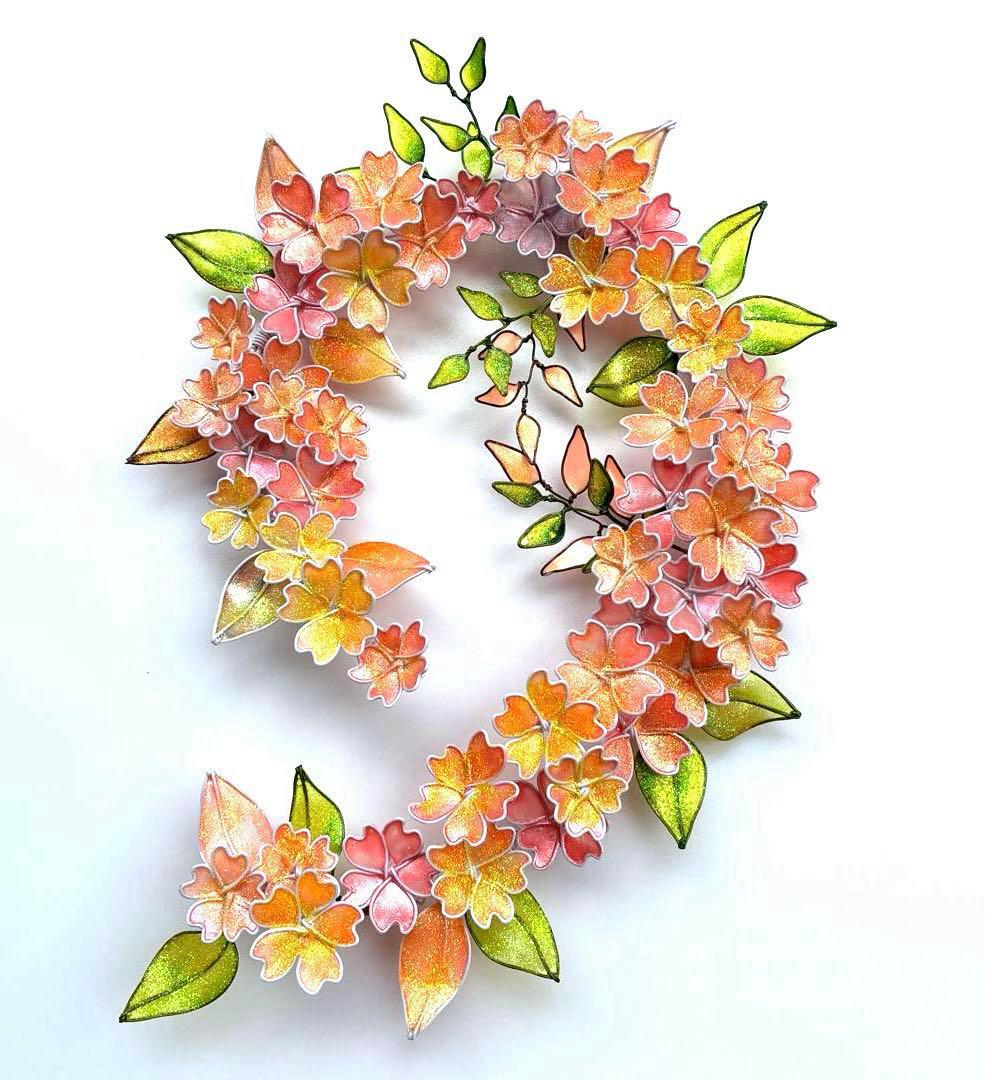 キラキラシュガーパウダー満開桜リース　山桜　ワイヤークラフト　ディップアート