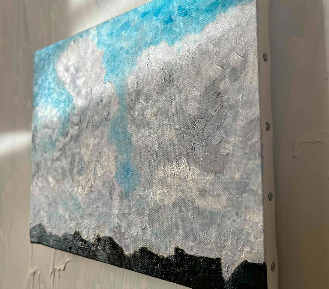 彩画 原画「民家とジャイアントクラウド」 絵画 22×27㎝ F3 キャンバス