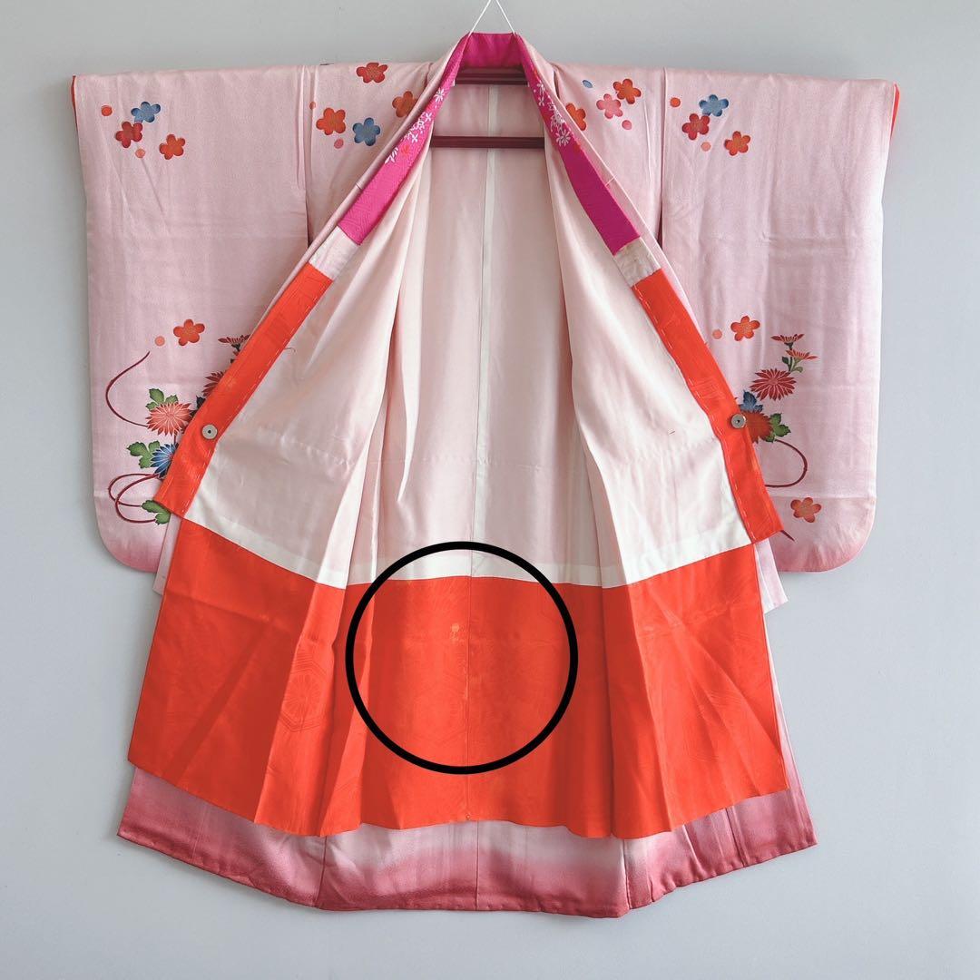 セット　七五三　7歳女の子　長着＆袋帯＆長襦袢＆小物　桃色菊紐　ちりめん　家紋