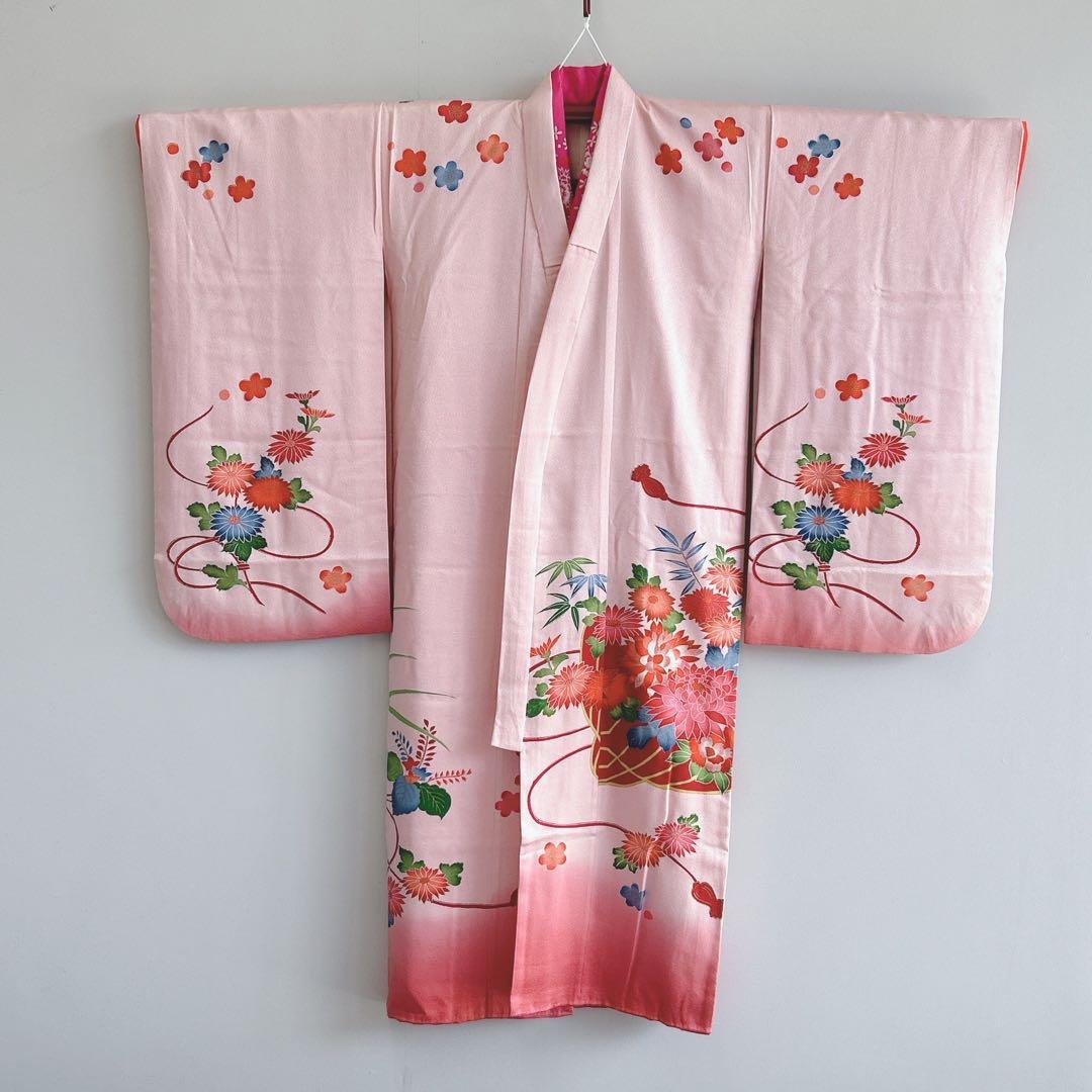 セット　七五三　7歳女の子　長着＆袋帯＆長襦袢＆小物　桃色菊紐　ちりめん　家紋