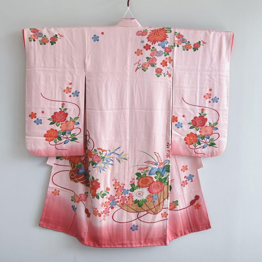 セット　七五三　7歳女の子　長着＆袋帯＆長襦袢＆小物　桃色菊紐　ちりめん　家紋