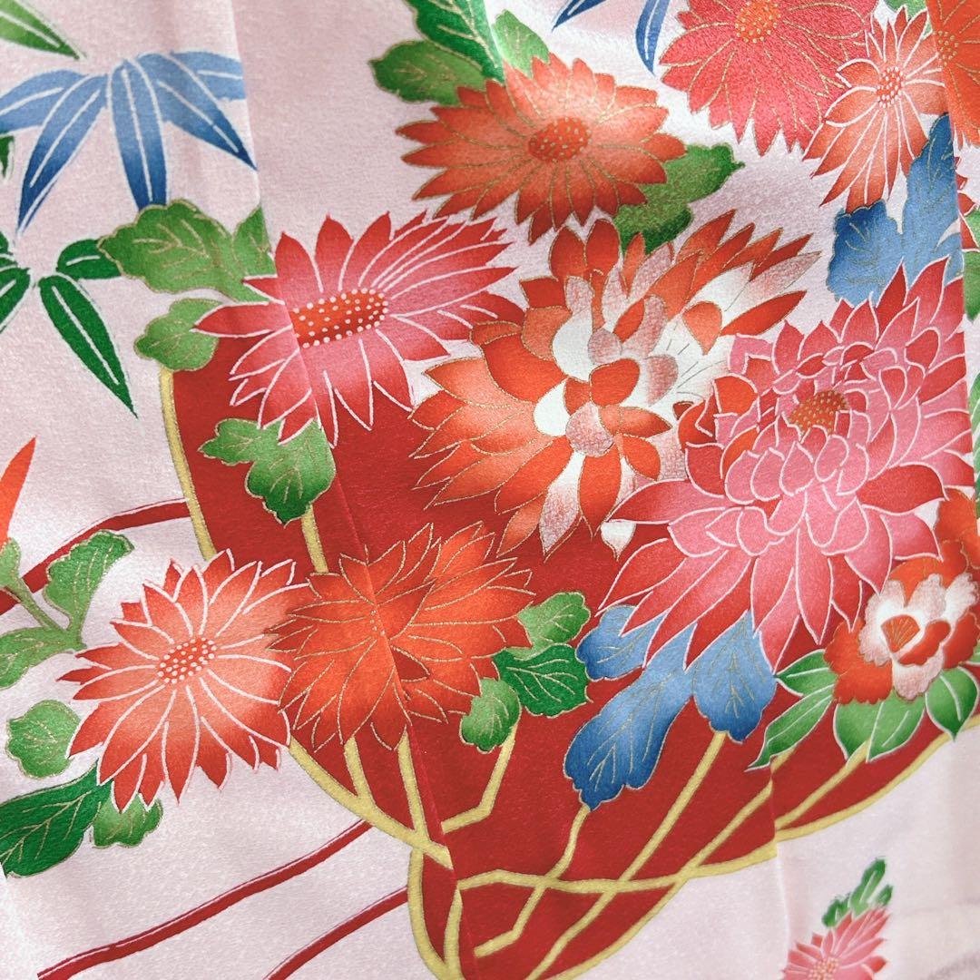 セット　七五三　7歳女の子　長着＆袋帯＆長襦袢＆小物　桃色菊紐　ちりめん　家紋