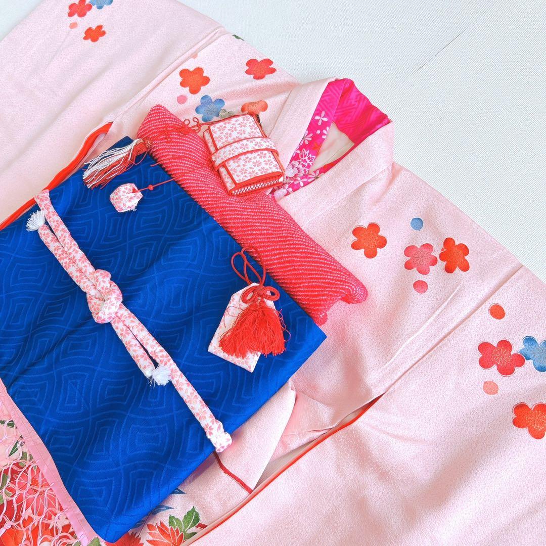 セット　七五三　7歳女の子　長着＆袋帯＆長襦袢＆小物　桃色菊紐　ちりめん　家紋