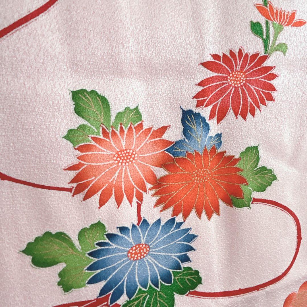 セット　七五三　7歳女の子　長着＆袋帯＆長襦袢＆小物　桃色菊紐　ちりめん　家紋