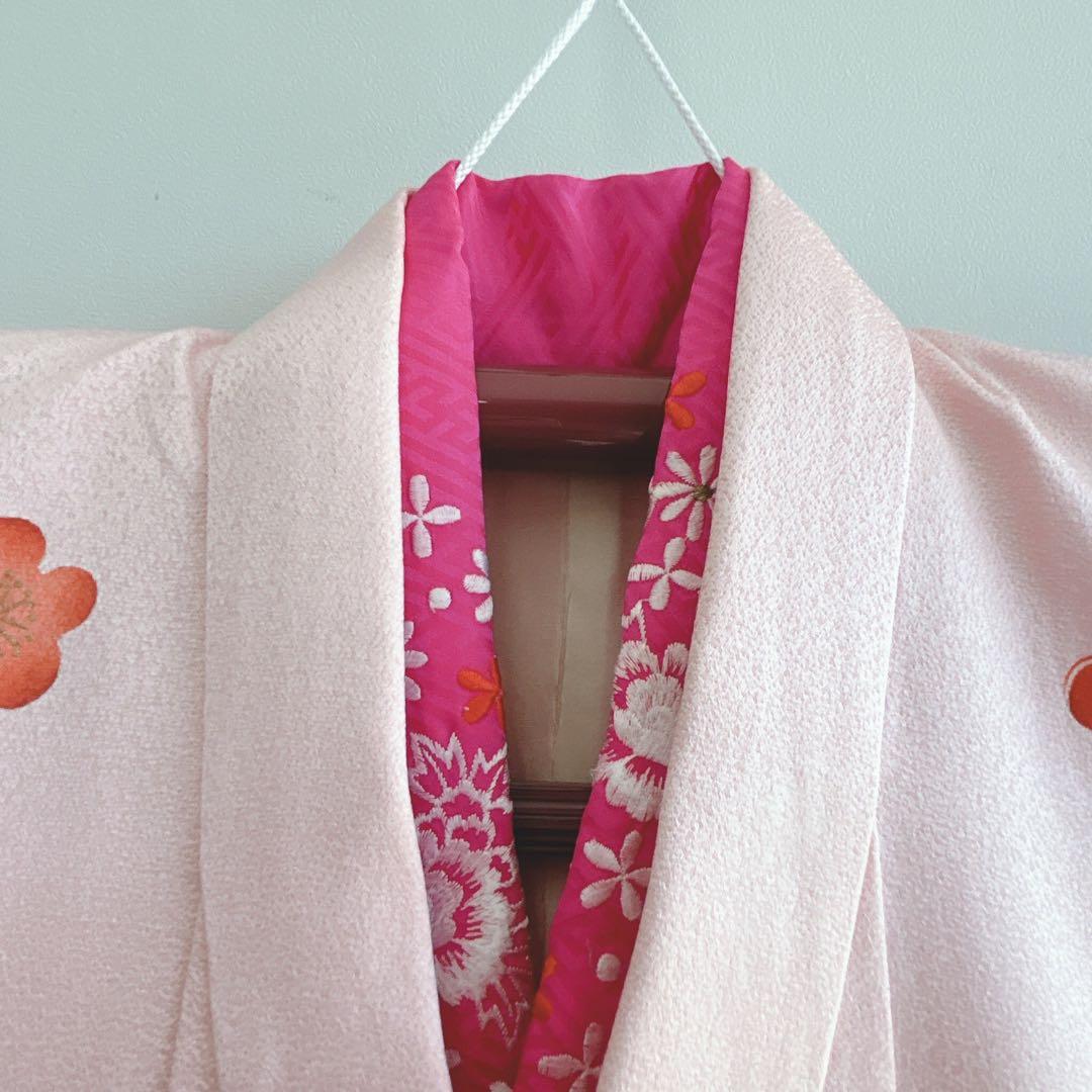 セット　七五三　7歳女の子　長着＆袋帯＆長襦袢＆小物　桃色菊紐　ちりめん　家紋