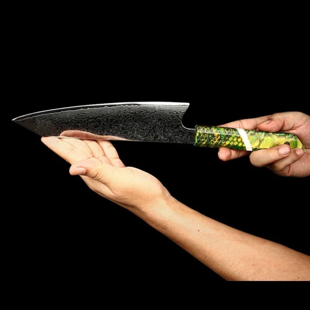《新作》　V金10号　ダマスカス包丁　ハニカム模様　黄緑柄　剣型　牛刀