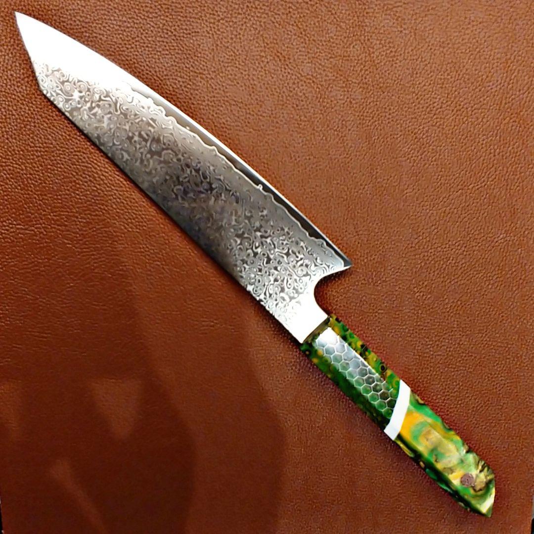 《新作》　V金10号　ダマスカス包丁　ハニカム模様　黄緑柄　剣型　牛刀