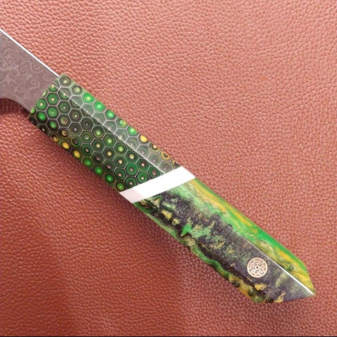 《新作》　V金10号　ダマスカス包丁　ハニカム模様　黄緑柄　剣型　牛刀