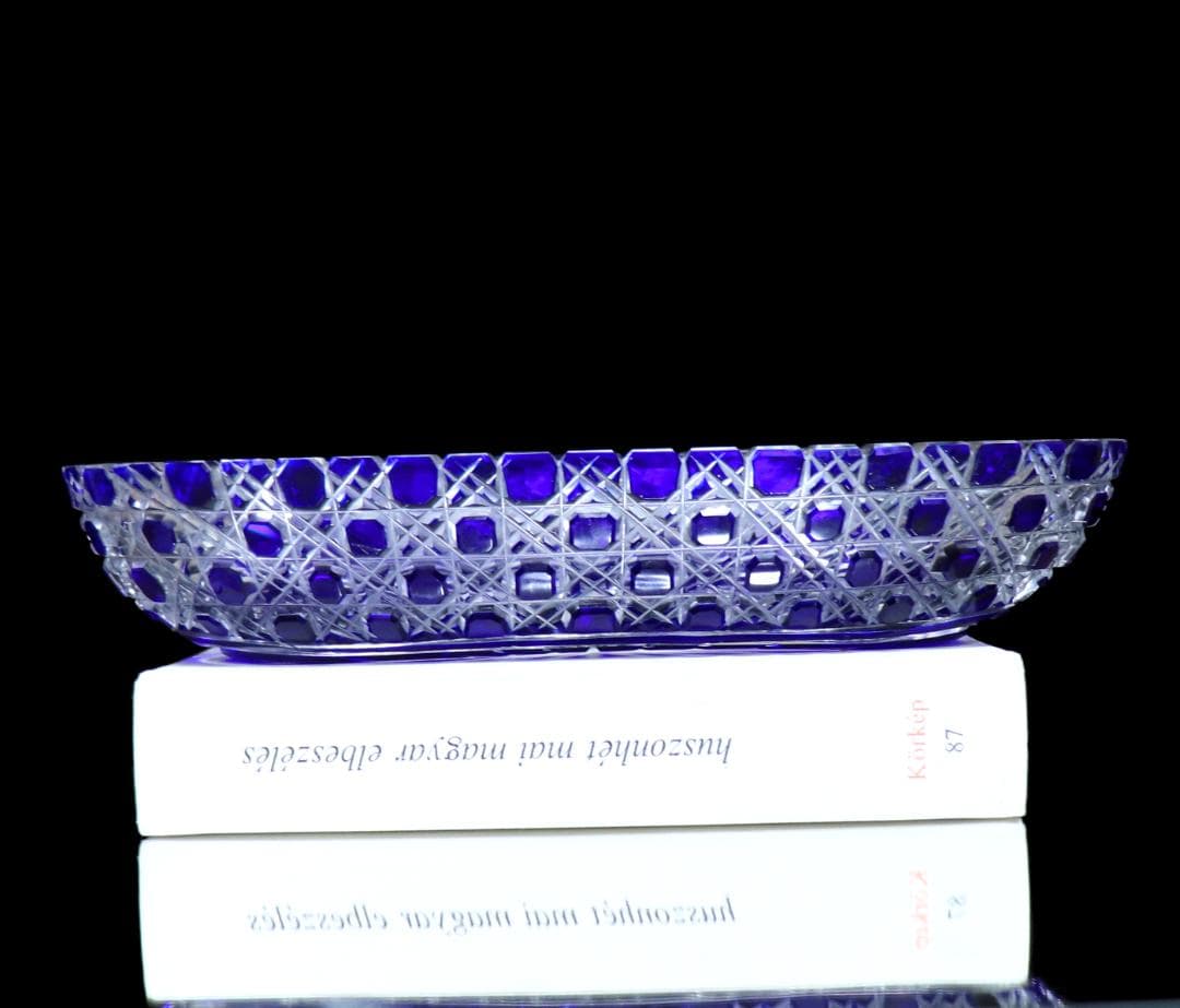 オールド・バカラ 最上級作品 青色被せ切子長皿 ディアマン・ピエーリー プレート
