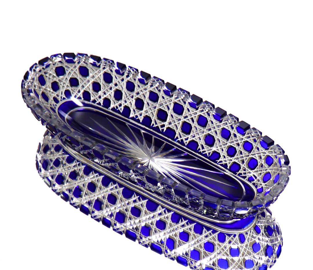 オールド・バカラ 最上級作品 青色被せ切子長皿 ディアマン・ピエーリー プレート