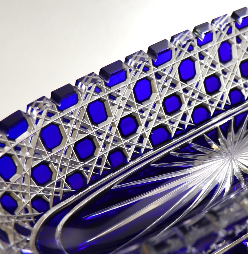 オールド・バカラ 最上級作品 青色被せ切子長皿 ディアマン・ピエーリー プレート