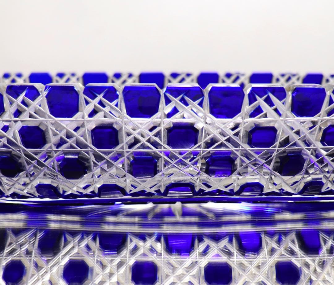 オールド・バカラ 最上級作品 青色被せ切子長皿 ディアマン・ピエーリー プレート